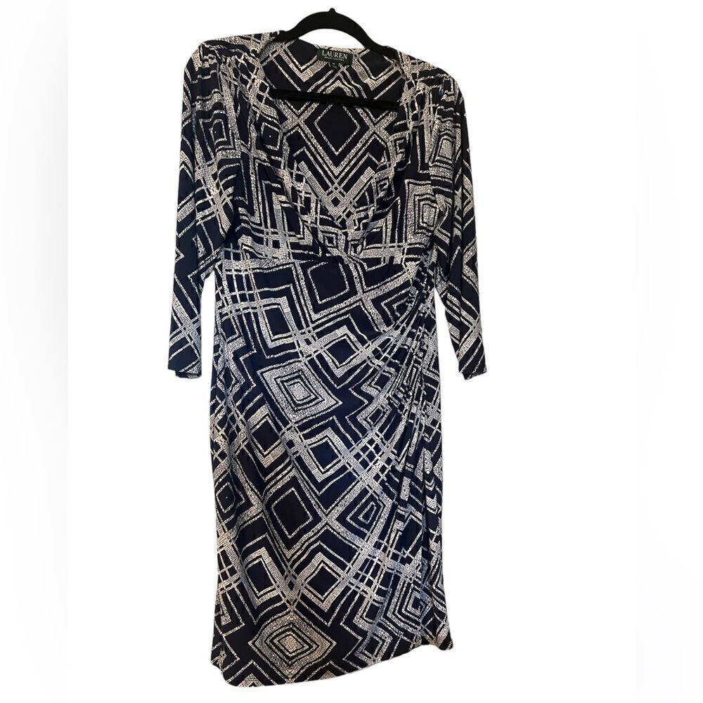 Lauren Ralph Lauren Womens Navy Geometric
Wrap Dress Stretch Size 14